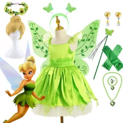 Disney Fairy Dress Tinker Bell Role Play Costume Girls Princess Party Apparel Toddller Elf Pixie Green Costume Frock Knee Length