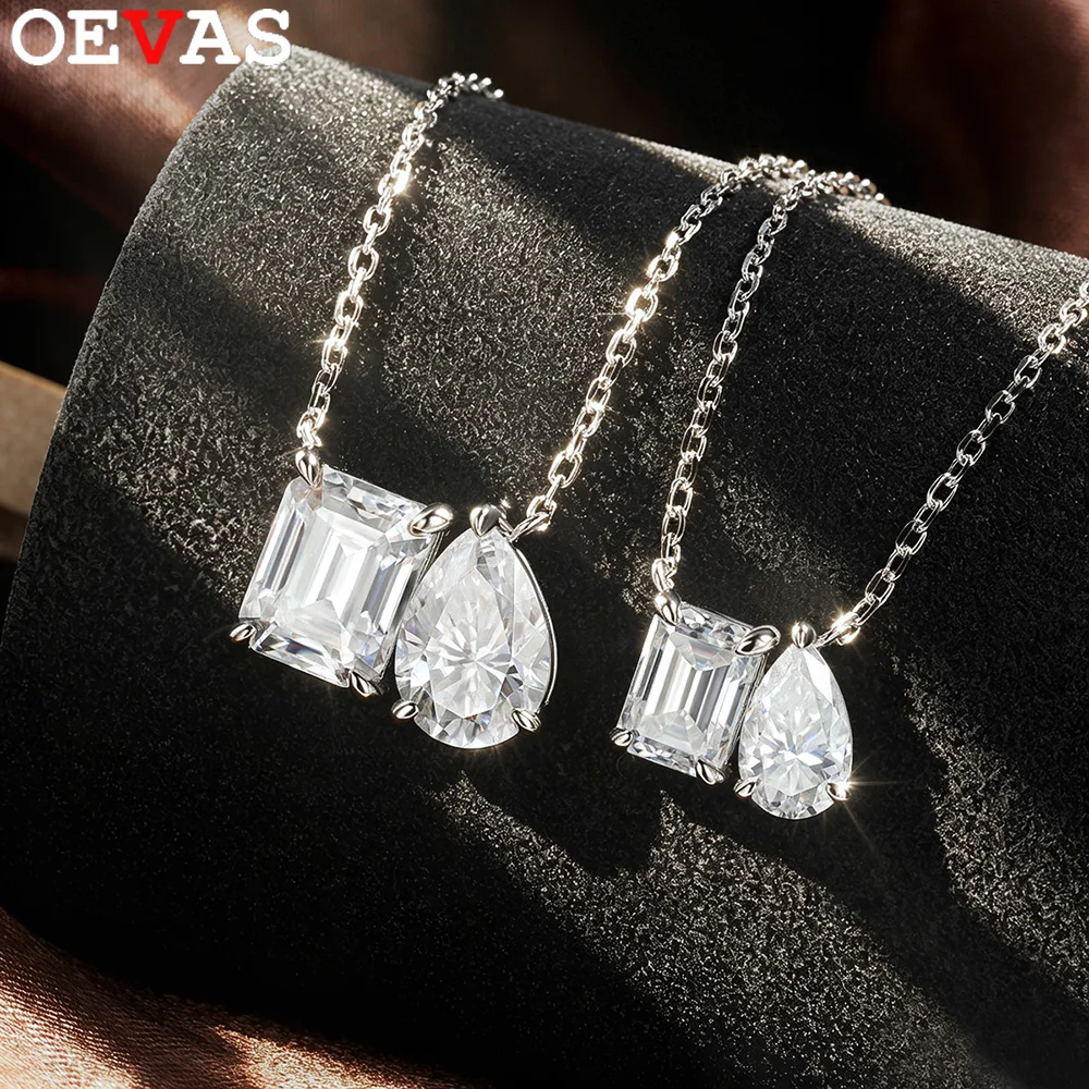 OEVAS 2/5cttw Pear/Emerald/Radiant Moissanite Necklace For Women S925 Silver Waterdrop 2 Stone Diamond Chain Dainty Fine Jewelry