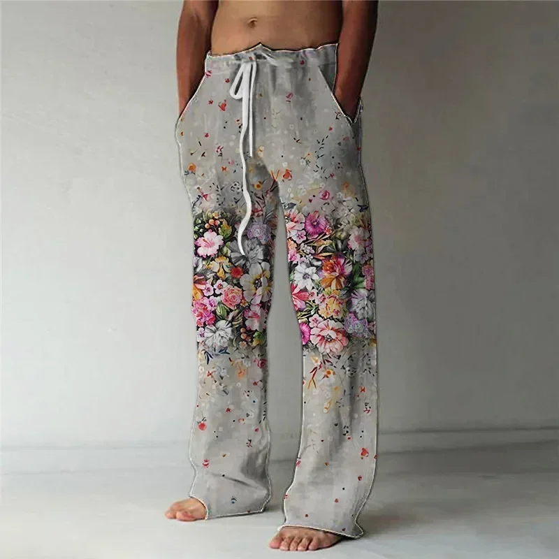 Floral Print Men's Pants Daily Casual Fashion Comfortable Men's Casual Pants Large Size Handsome Straight Pants Summer