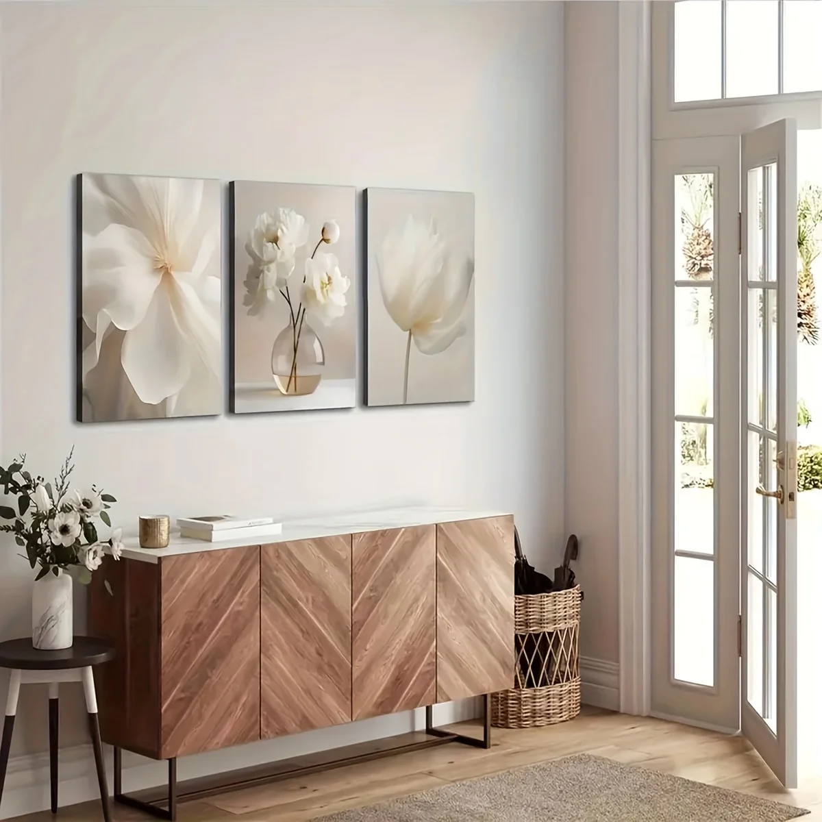 3pcs Elegant White Peony Floral Canvas Art Prints - Frameless, Minimalist Wall Decor for Modern Home, Beige Background with Gold