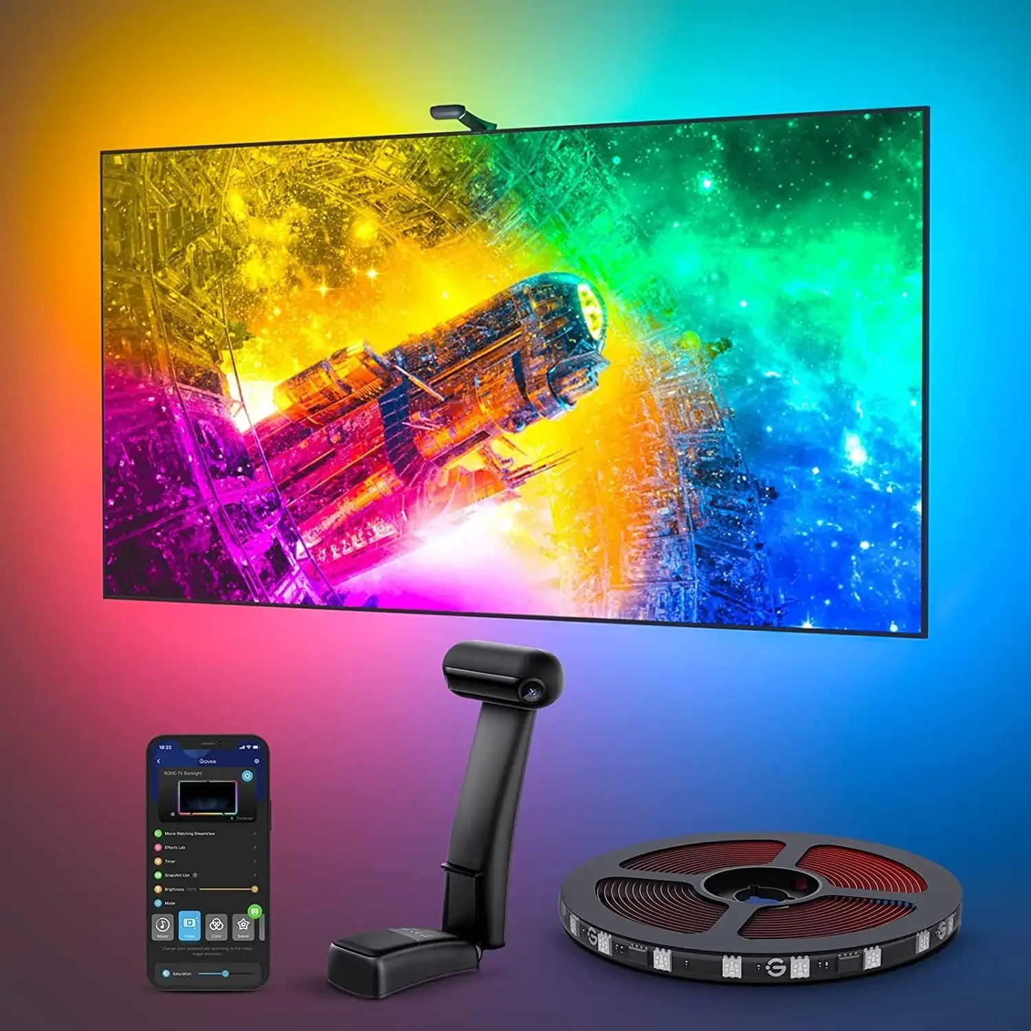 Envisual TV LED Backlight T2 with Dual Cameras, 11.8ft RGBIC Wi-Fi LED Strip Lights for 55-65 inch TVs, Double Strip Light Beads