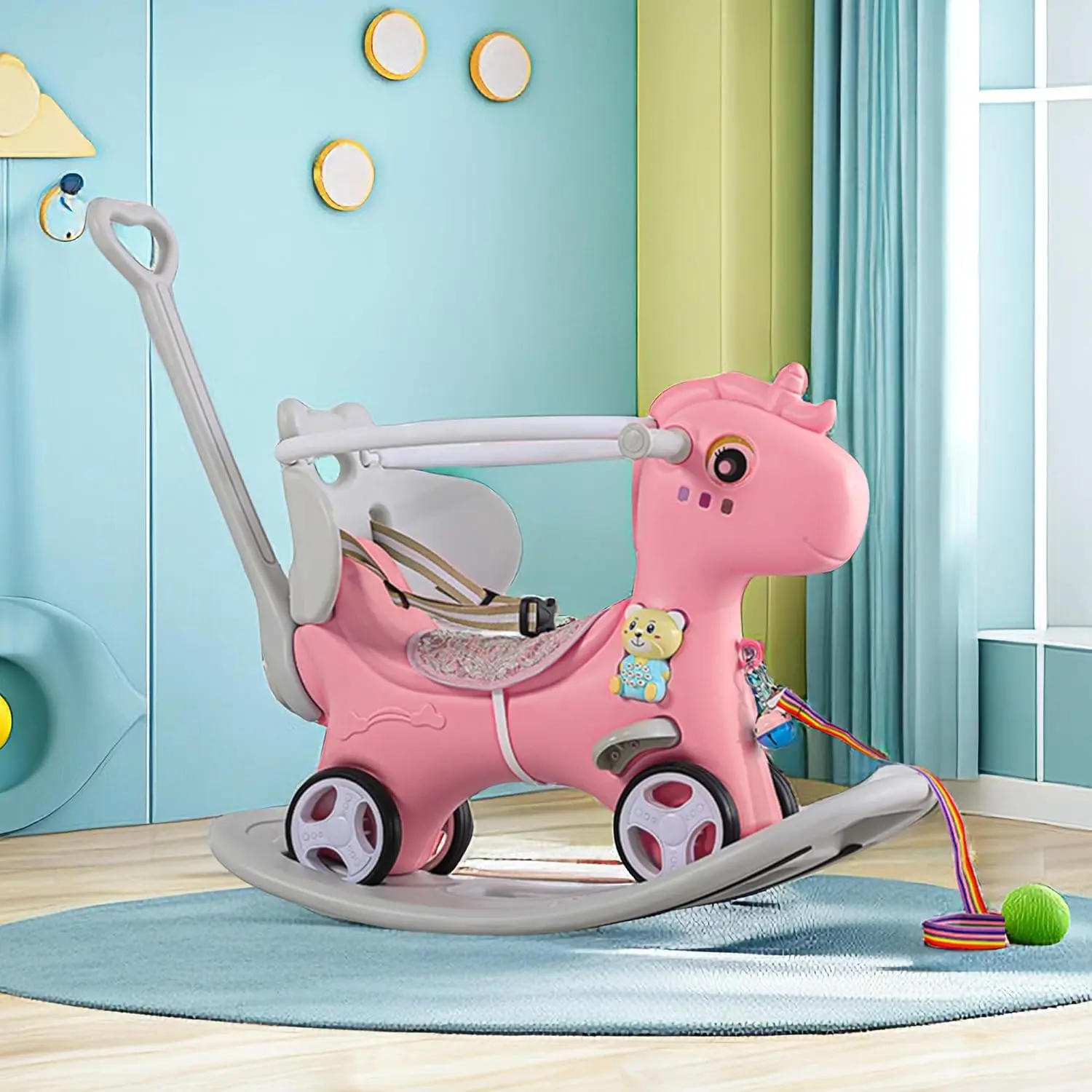 Rocking Horse for Toddlers 1-3 Years,4 in 1 Design, Kids Ride on Toy Balance Bike Push Cart with Detachable Balance Board,Fun Bi