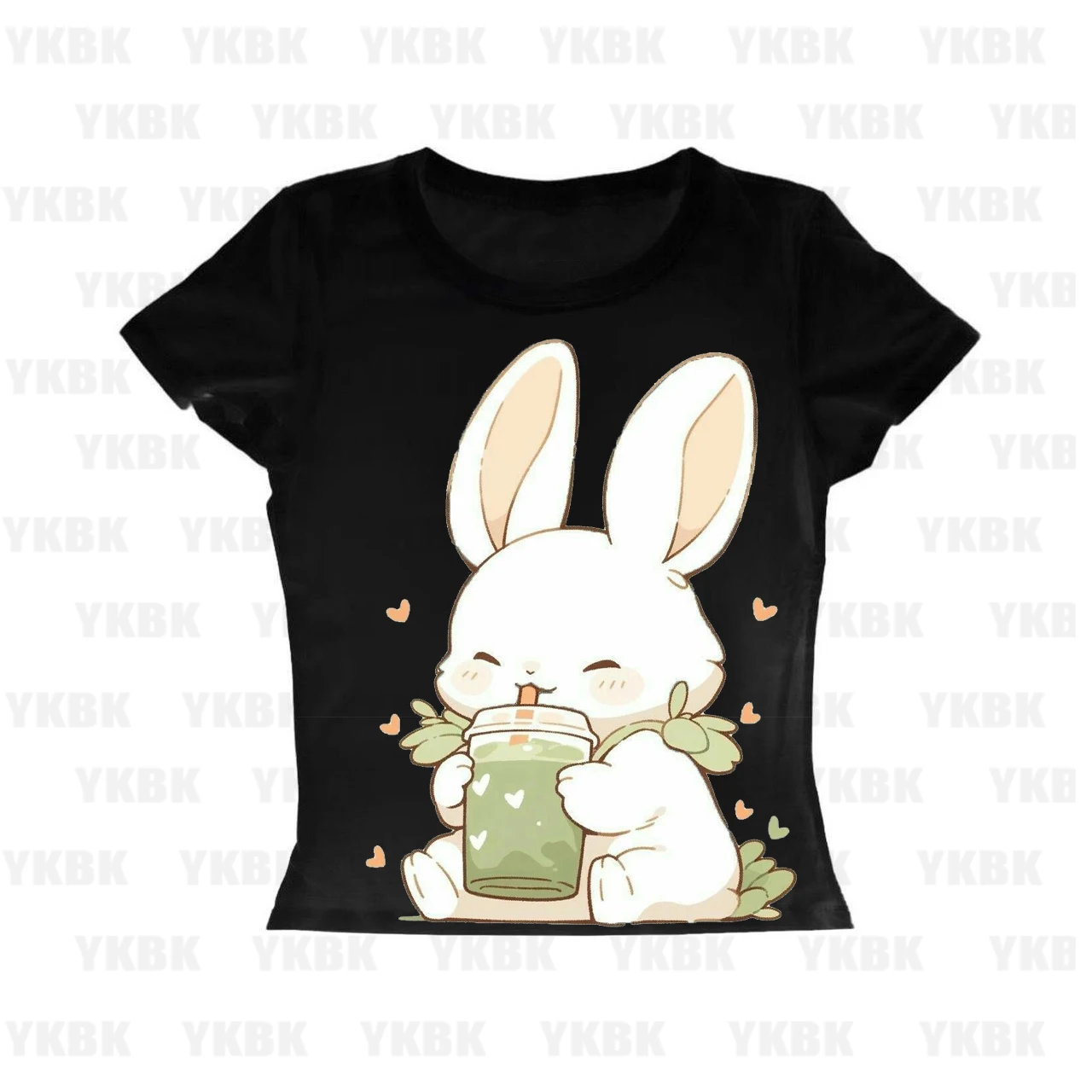 Summer New Korean Kawaii Rabbit Print Round Neck Short Sleeve Women Harajuku Retro Casual T-shirt Top Loose Couple Clothes