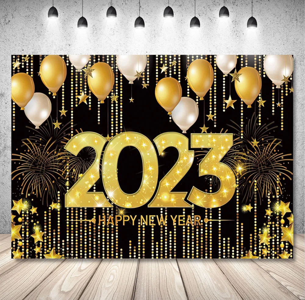 

DIXSG 2023 Happy New Year Photography Backdrop Gold Bokeh Glitters Family Party Banner Background Fireworks Photo Studio Props