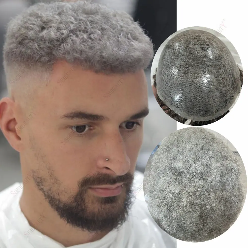 6 مللي متر ضيق مجعد أسود رمادي الرجال الشعر المستعار شعر الإنسان الاصطناعية الشعرية غير قابلة للاكتشاف الأفرو الأسود رجل شعر مستعار دائم كامل رقيقة الجلد قاعدة