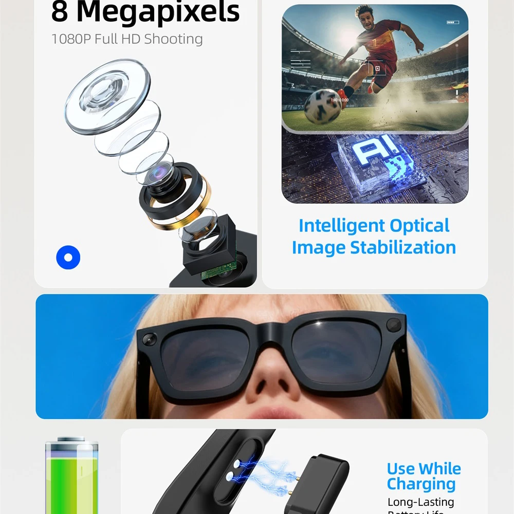 Smart AI Camera Glasses Electrochromic 8MP Image Stabilization Real-Time Simultaneous Interpretation Sunglasses Video Recording