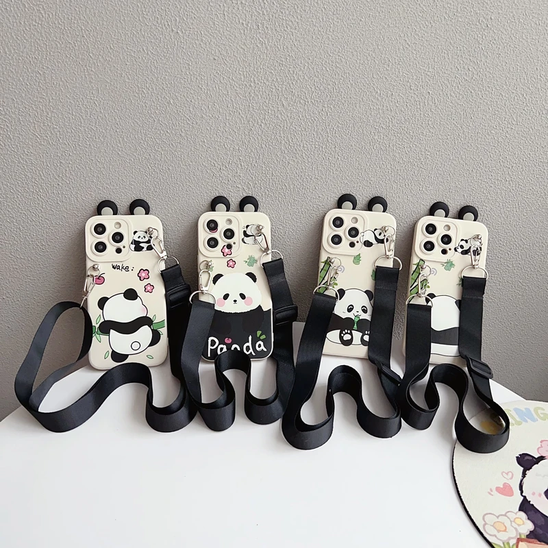 For Xiaomi Redmi 9 10 10A 12 13 10C 12C 13C 14C Note 8 9 9s 10 11 12 13 14 Pro Panda Case With Holder Rope