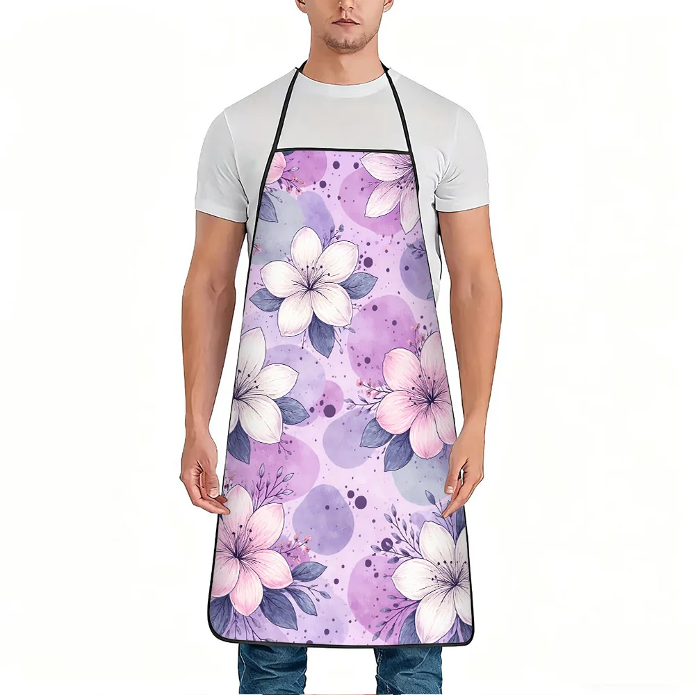 Watercolor Floral Apron – Soft Pastel Purple & White Blooms, Waterproof Polyester, Adjustable Neck & Waist, Gift for Women