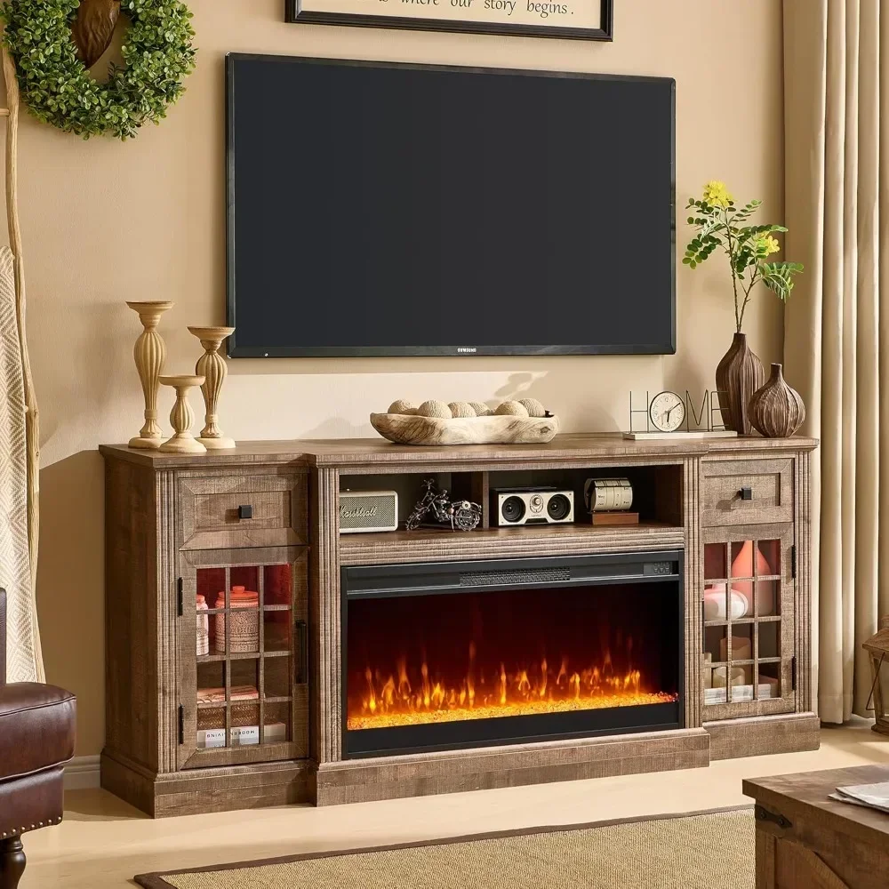 

Fireplace TV Stand for 80 Inch TV, Farmhouse Highboy Entertainment Center w/LED Lights & 36" Electric Fireplace, , Light Brown