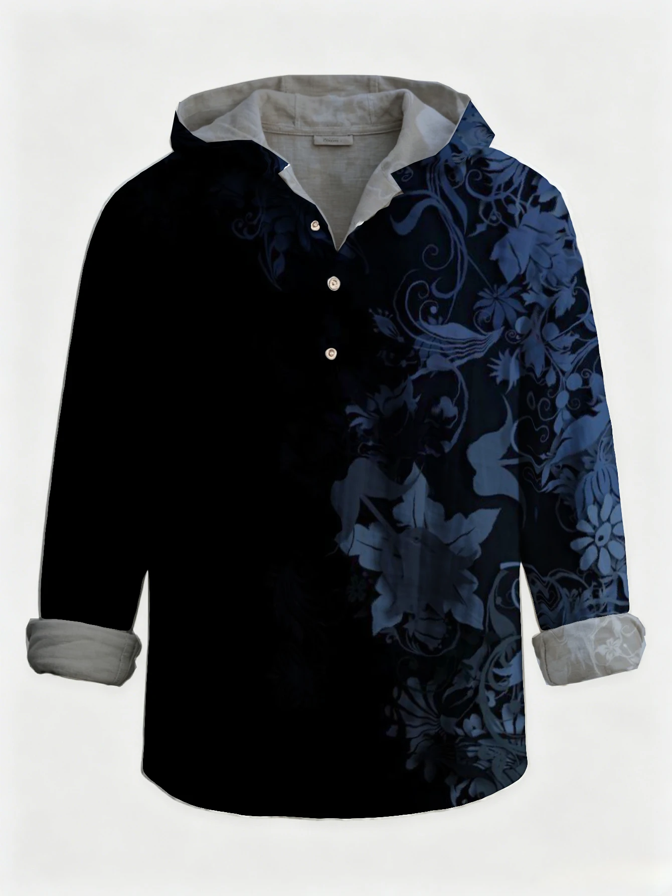 Men's Vintage Dark Floral Half‑Sided Print Hooded Henley Shirt, Long Sleeve Half‑Button Placket Loose Fit Casual Daily Pullover