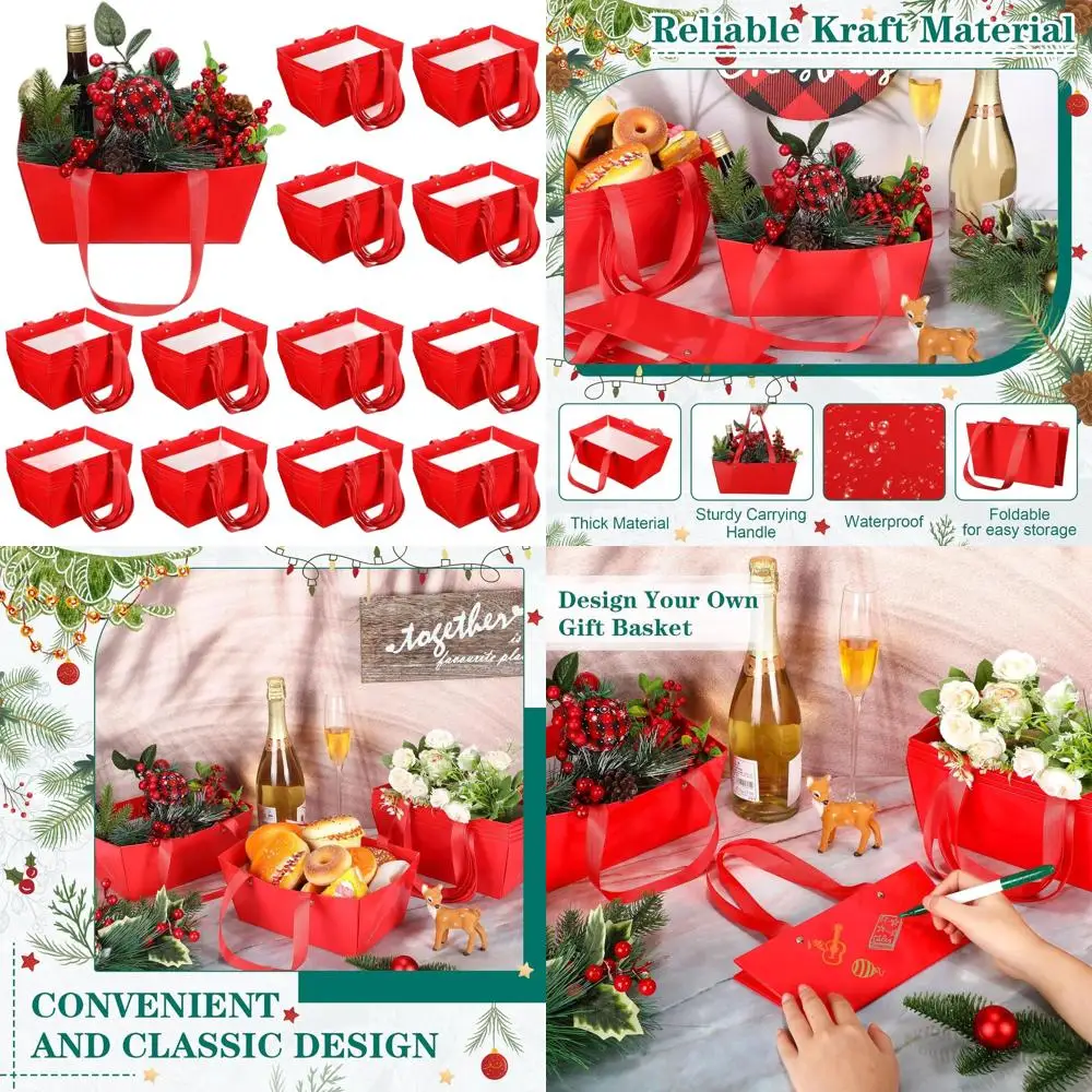 

9.8x6.5x4.3 Waterproof Kraft Gift Baskets, 72-Pack with Handles, Empty for Wedding, Party, Christmas, Valentine's Day (Red)