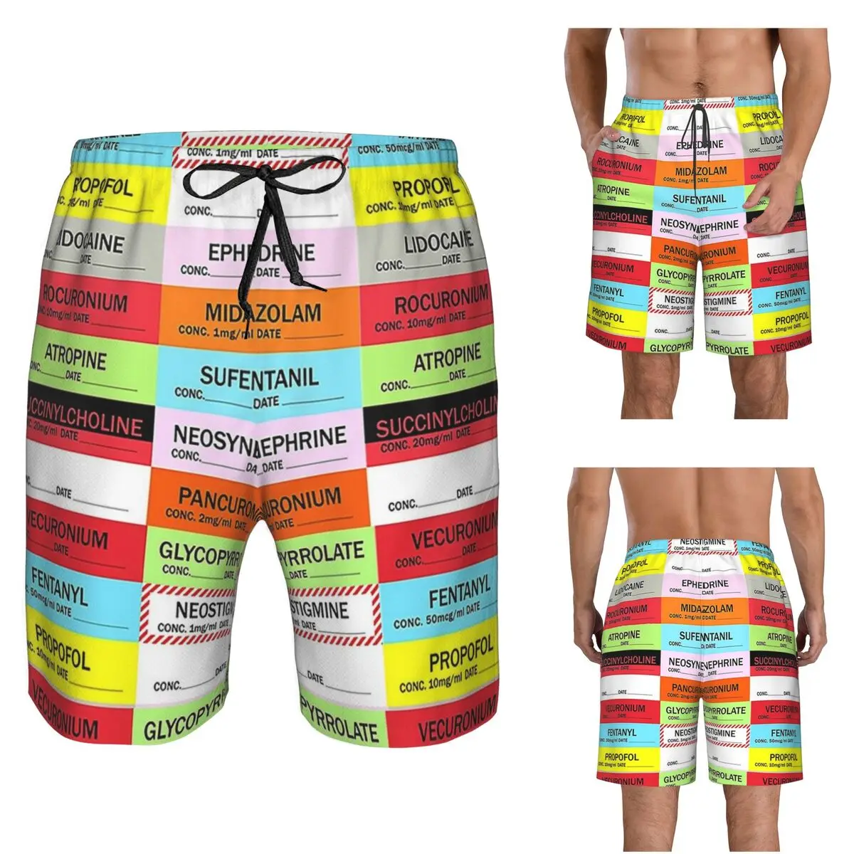 Anesthesia Medication Labels Trunks Beach Board Shorts Casual Quick Dry Swimming Summer Men Pants