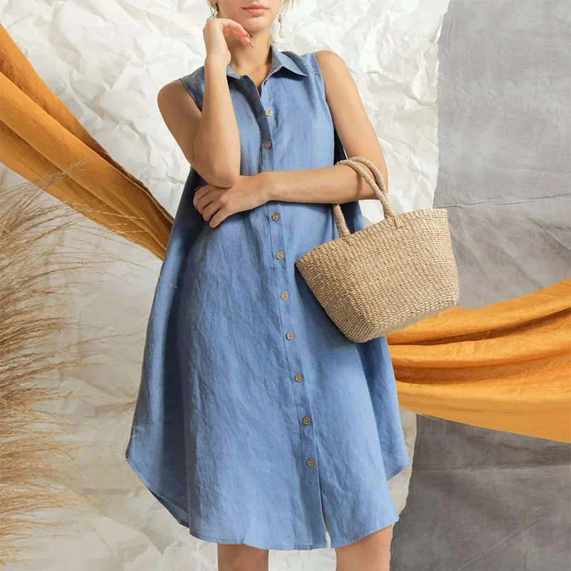 Women Dress Shirt Mid Length Dresses Sexy Casual Loose Y2k Summer Sleeveless Single Breasted Turn Down Collar Maxi Vestidos