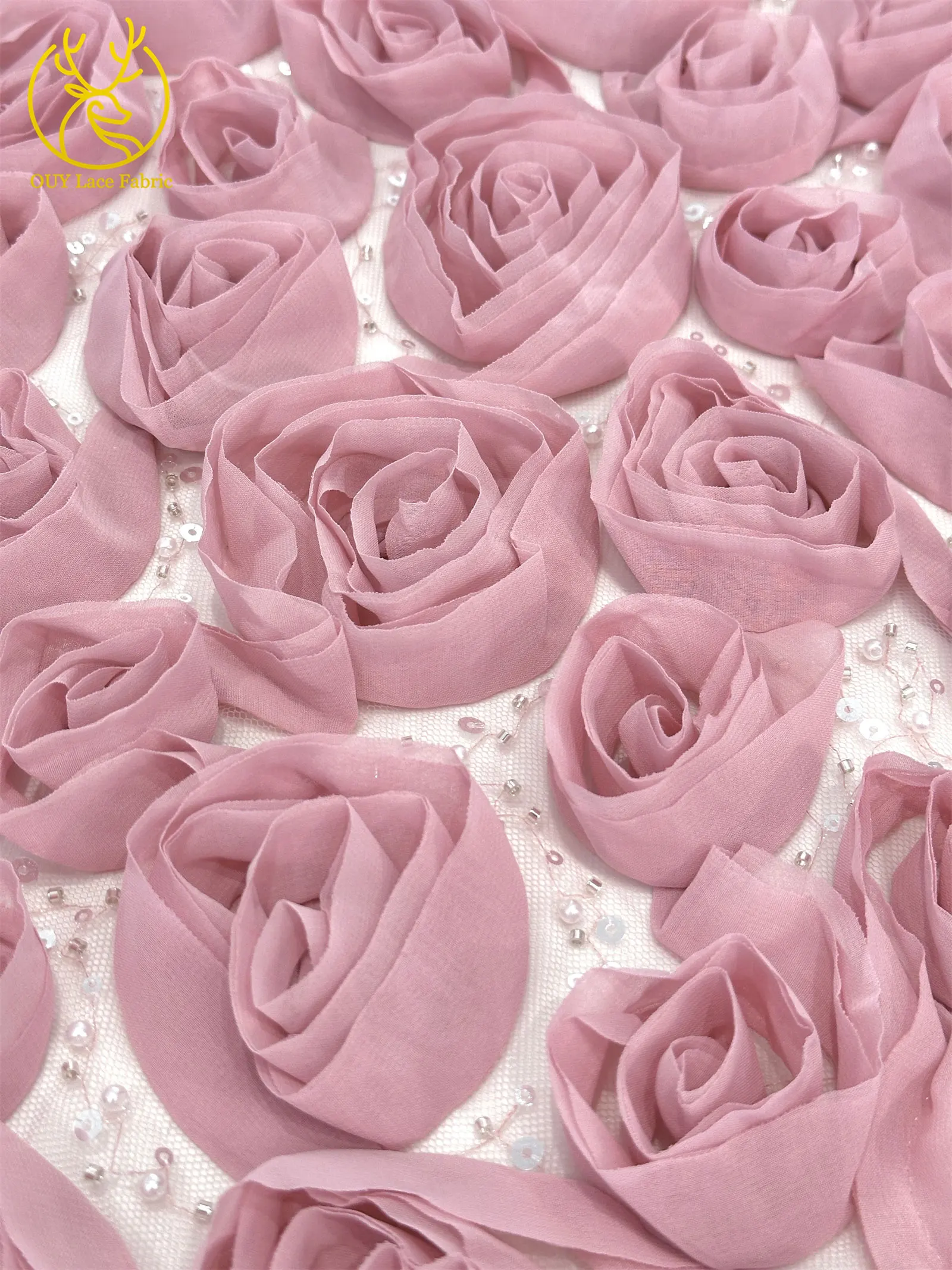 Rosa 3D Mode-Mesh-Tüll-Spitzenstoff 2026 Nigerianischer Perlen-Pailletten-Spitzenstoff für Damen Hochzeits- und Abendkleider zum Nähen 5 Yards – Detail 12