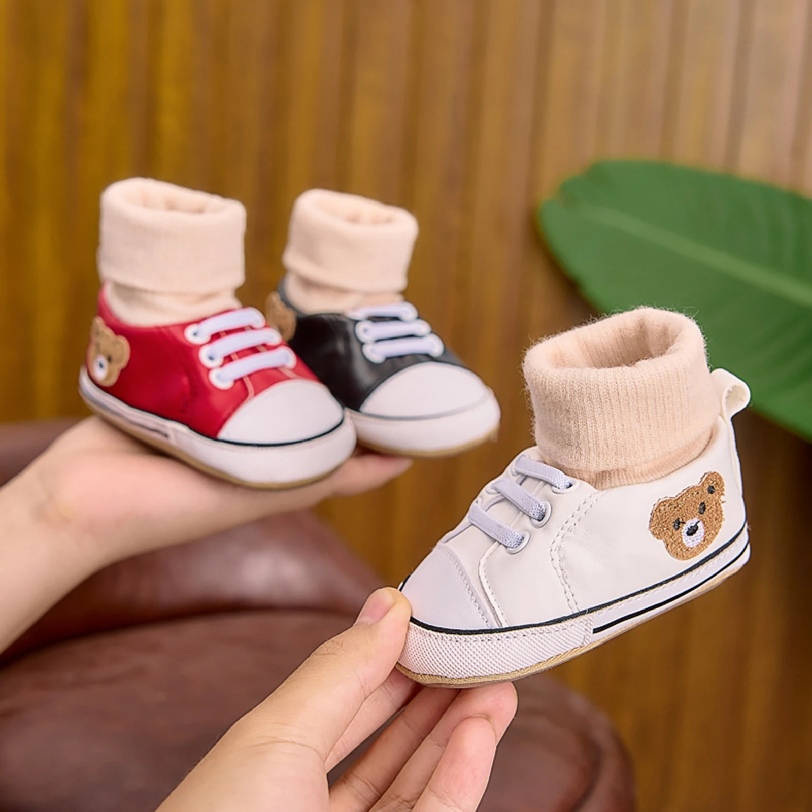 0-12months Baby girls boys First Walking Shoes Cartoon Bear Non-slip Soft Sole High Sock Shoes Sneakers