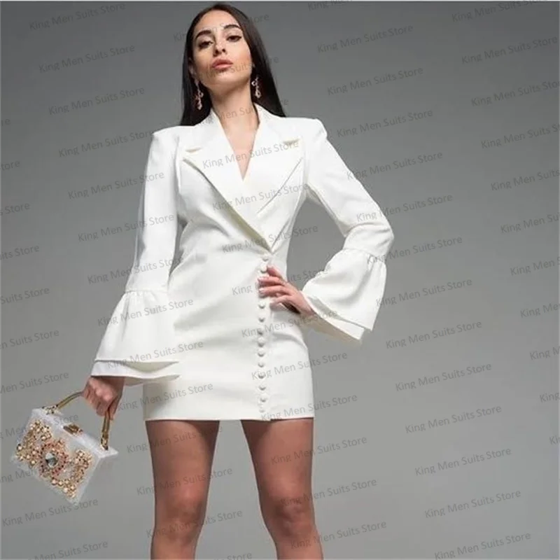 White Wedding Women Suit 1 Piece Long Jacket Short Prom Dress Full Sleeves Custom Made Tuxedos Formal Party Skirt Coat