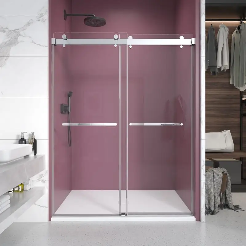 

50-54 W x 76 H Double Sliding Frameless Shower Door, 3/8 Inch Clear Glass, Chrome Finish