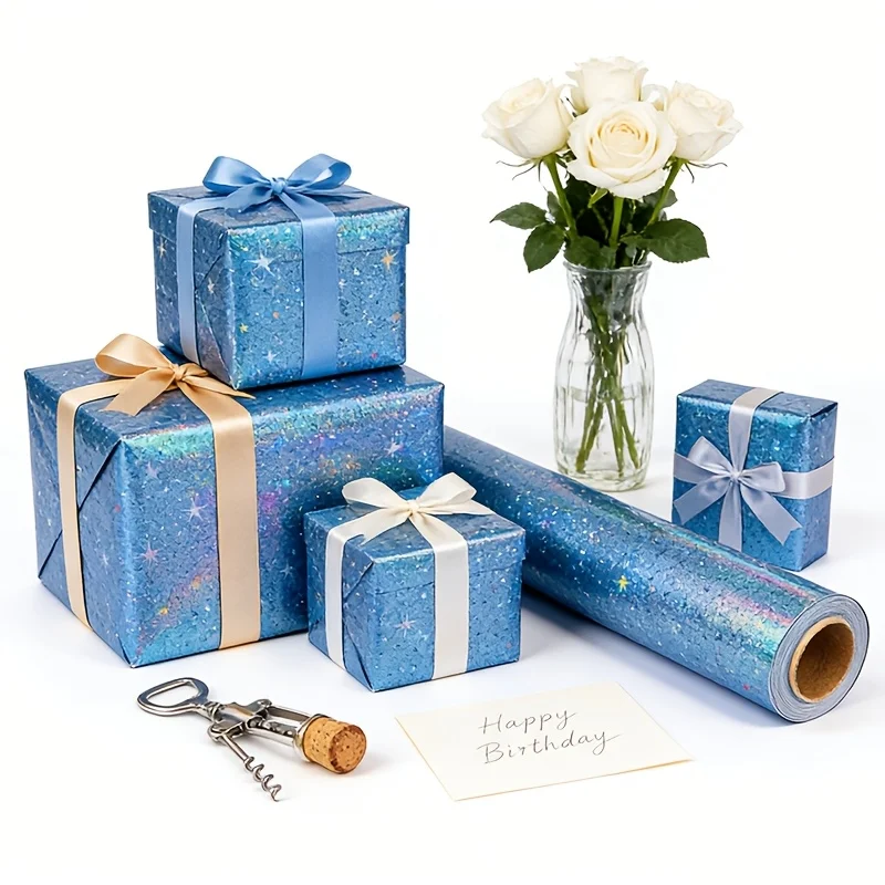 Blaues Farbverlauf-Stern-Geschenkpapier, Holografischer Stern. Für Geburtstage, Abschlussfeiern, Hochzeiten, Babypartys und Themenpartys – Detail 1