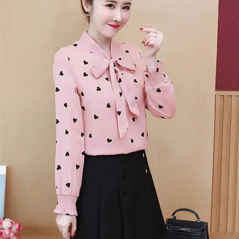 Fashion Spliced Lace Up Bow Printed Blouse Women\'s Clothing 2023 Spring New Oversized Casual Pullovers Loose All-match Shirt