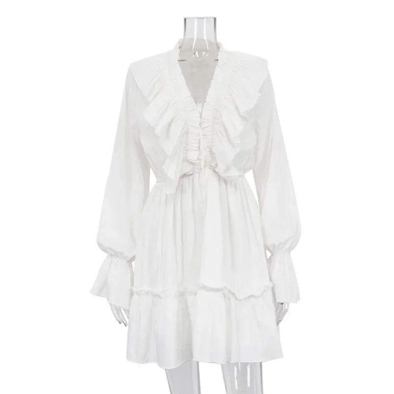 Mandylandy Fashion V-neck Sweat Dress Women Long Sleeve Pleating Bell Sleeve Ruffles White Dress High Waist Ruffle Mini Dress