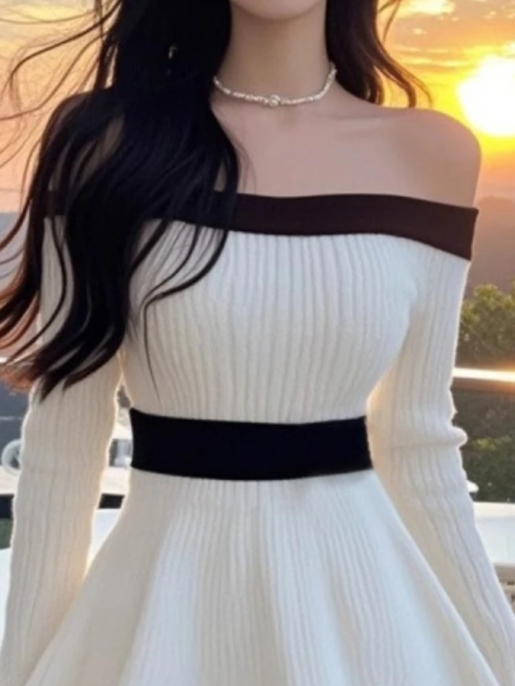 Black White Contrast One Shoulder Dress Women French Elegant Long Sleeve Slim Dresses Autumn 2025 Korea Casual Knitted Clothes