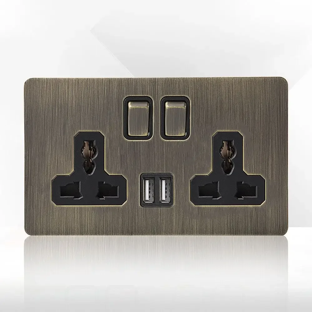 Retro Eu metalen paneel wandschakelaar lichtschakelaar stopcontact, gebronsd antiek roestvrij staal Duits 16A stopcontact met USB-telefoon opladen