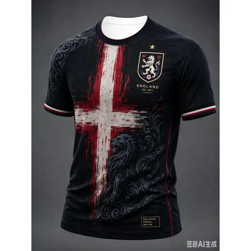 England Jersey, 3D Printed Distressed St George Cross Emblem & Dark Lion Pattern, Crew Neck Short Sleeve Fan Sports T-shirt