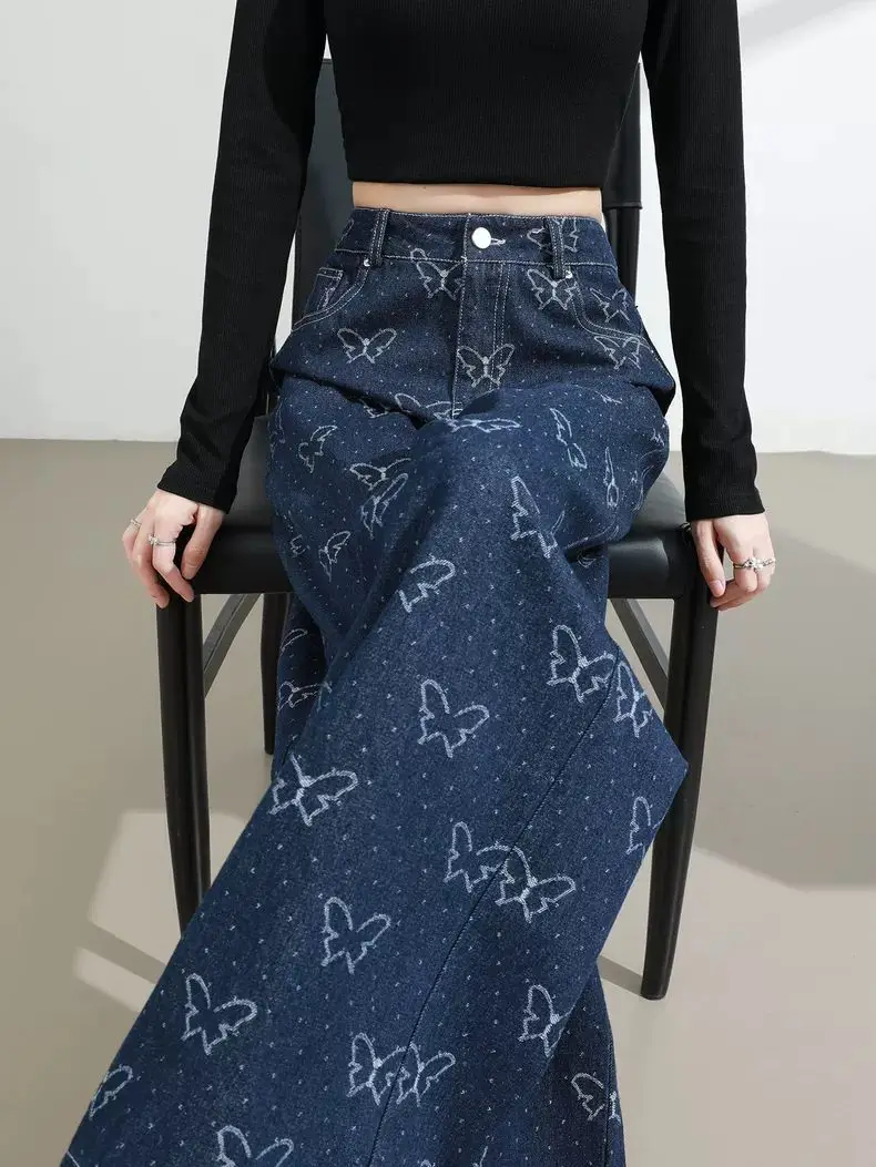 

Butterfly Print Women's 2025 Spring and Autumn High Waisted Loose Slimming Straight Leg Pants with Floor Dragging and Wide Legs