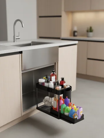 1 Adet 2 Katlı Lavabo Altı Düzenleyici Sürgülü Dolap Sepeti Düzenleyici Askılı Raflı Depolama Rafı Kancalı Bardak Askısı Banyo Mutfak Düzenleyici
