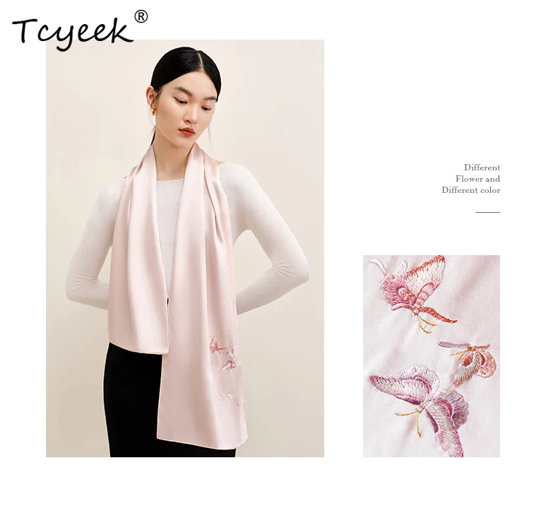 

Tcyeek, 100%Mulberry Slik Elegant OL Shawl, Women Bicolor Embroidery, Gifts Original Design Scarf, Summer Autumn New A46260QM