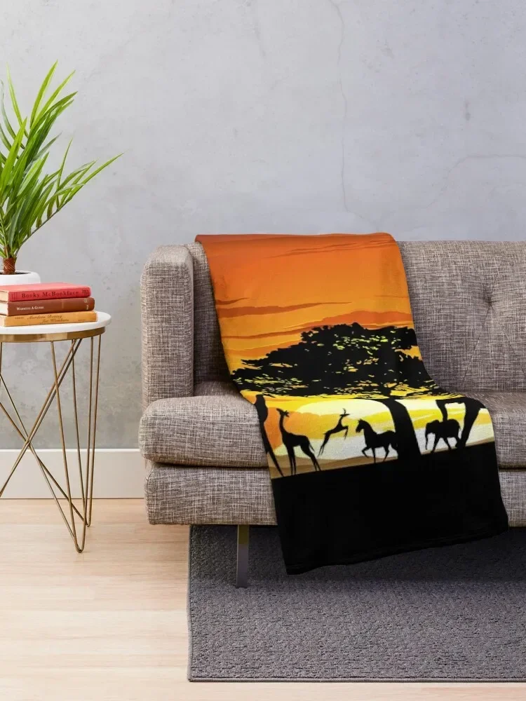 Wild Animals on African Savanna Sunset Throw Blanket blankets and throws cosplay anime Bed Flannel Fabric Blankets