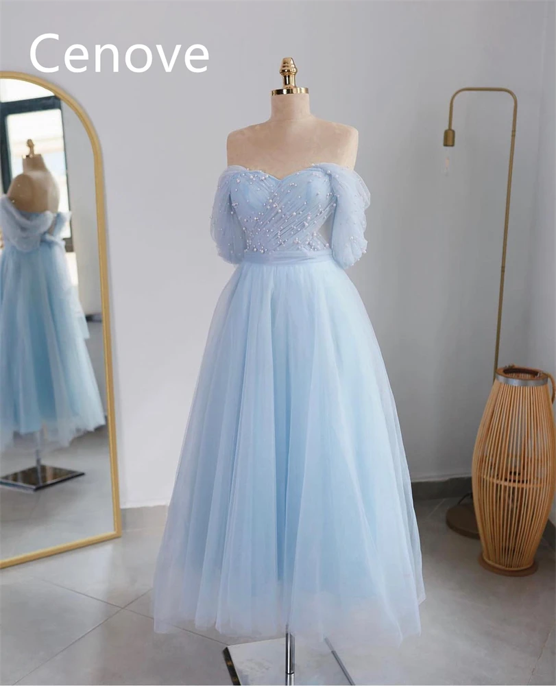 

Cenove Blue Off The Shoulder Prom Dress Short Sleeves With Ankle Length Evening Summer Elegant Party Dress For Women2023