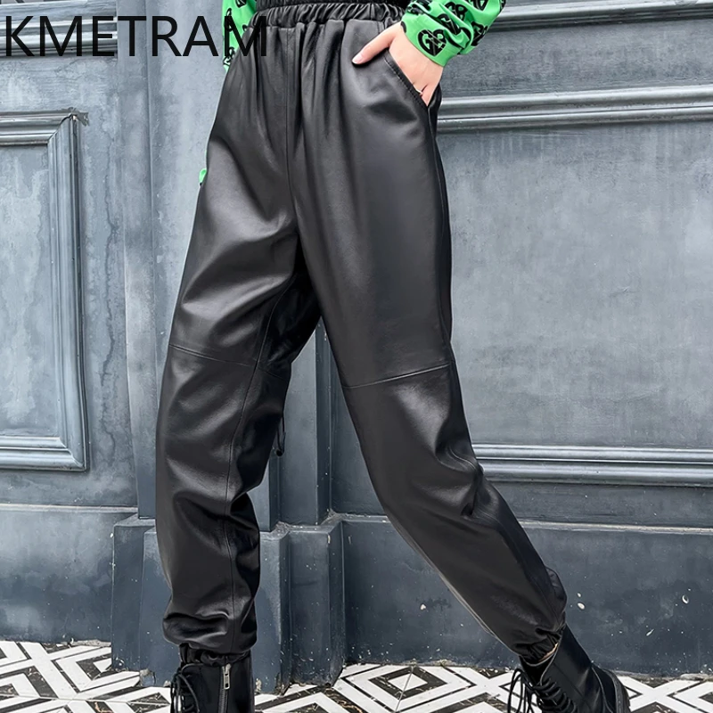 KMETRAM Genuine Leather Women Pants Real Sheepskin Autumn Winter Trousers Women Clothes Elastic Waist 2024 Pantalones Mujer