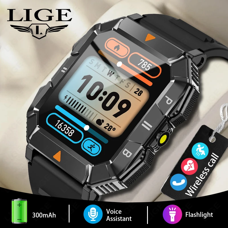 

LIGE New Smart Watch Men Outdoor Military Sport Waterproof Watch HD Display Blood Pressure Blood Oxygen Monitor Men Smartwatch