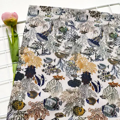 L100cm X W144cm Ocean Print Cotton Bamboo Jersey Fabric Textured Dress Shirt Handmade DIY Sewing Home Craft Material Designer