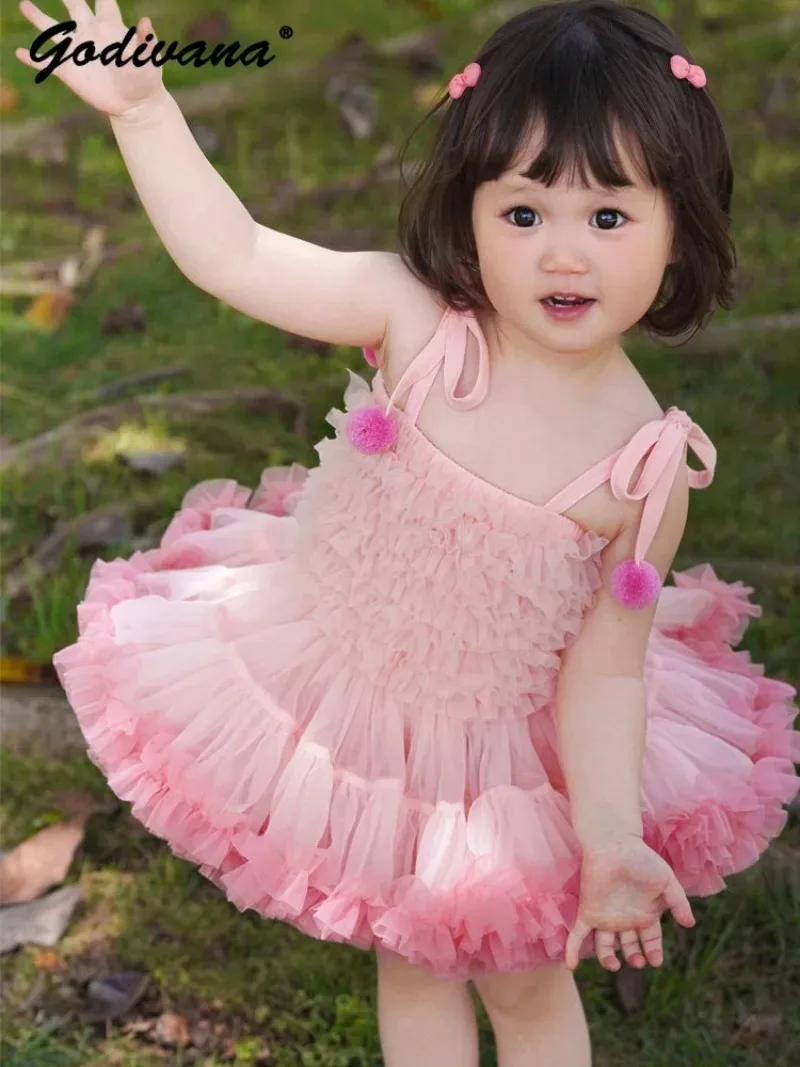 Sweet Cute Baby Girls Ball Gown 2026 Summer Gradient Princess Tulle Sleeveless Straps Tutu Dress Birthday Party Prom Dresses