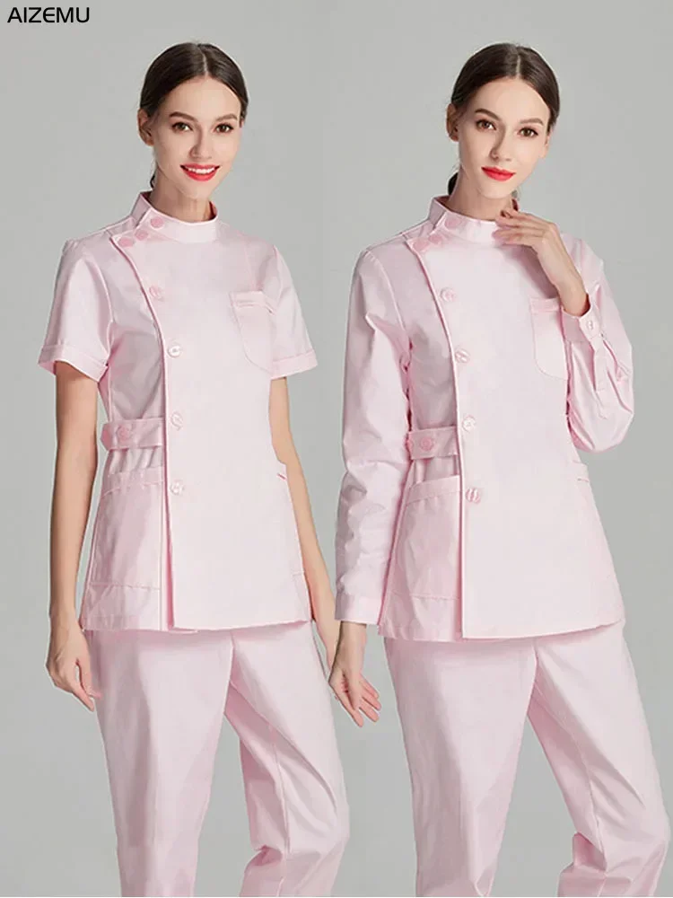 Pink Nurse Uniform Short Scrubs Top Lab Coat Doctor Women Medical clinic Clothing white Beauty Salon work clothes accessories