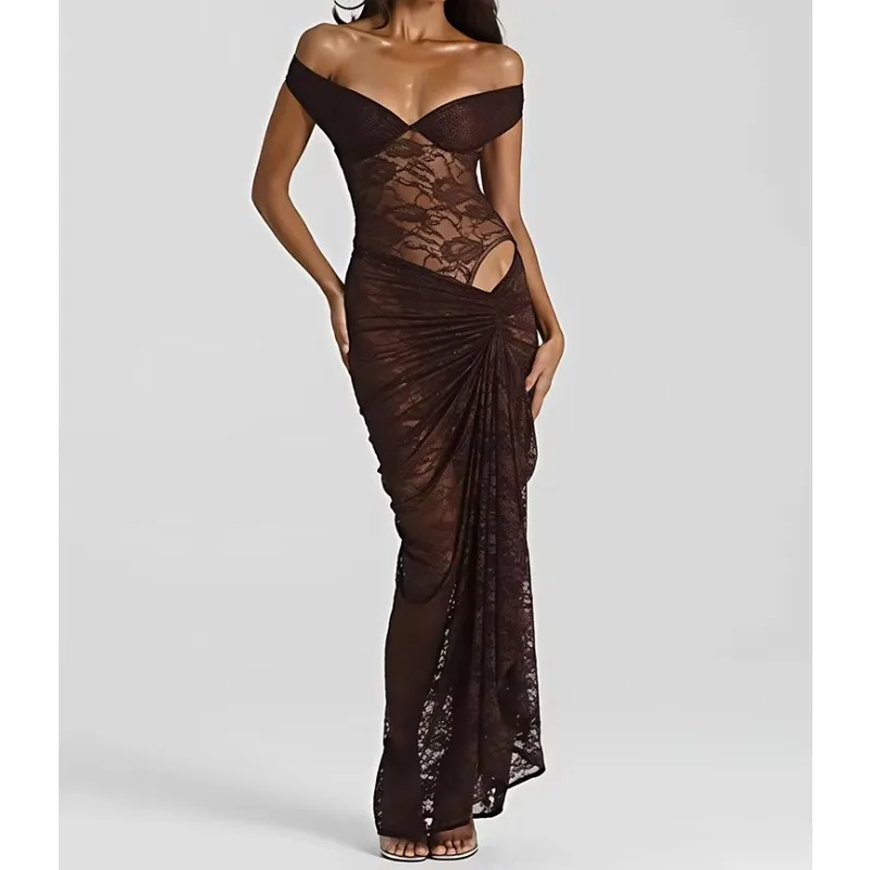 Women Lace Sheer Off Shoulder Backless Bodysuit Maxi Skirt Matching 2 Piece Set Club