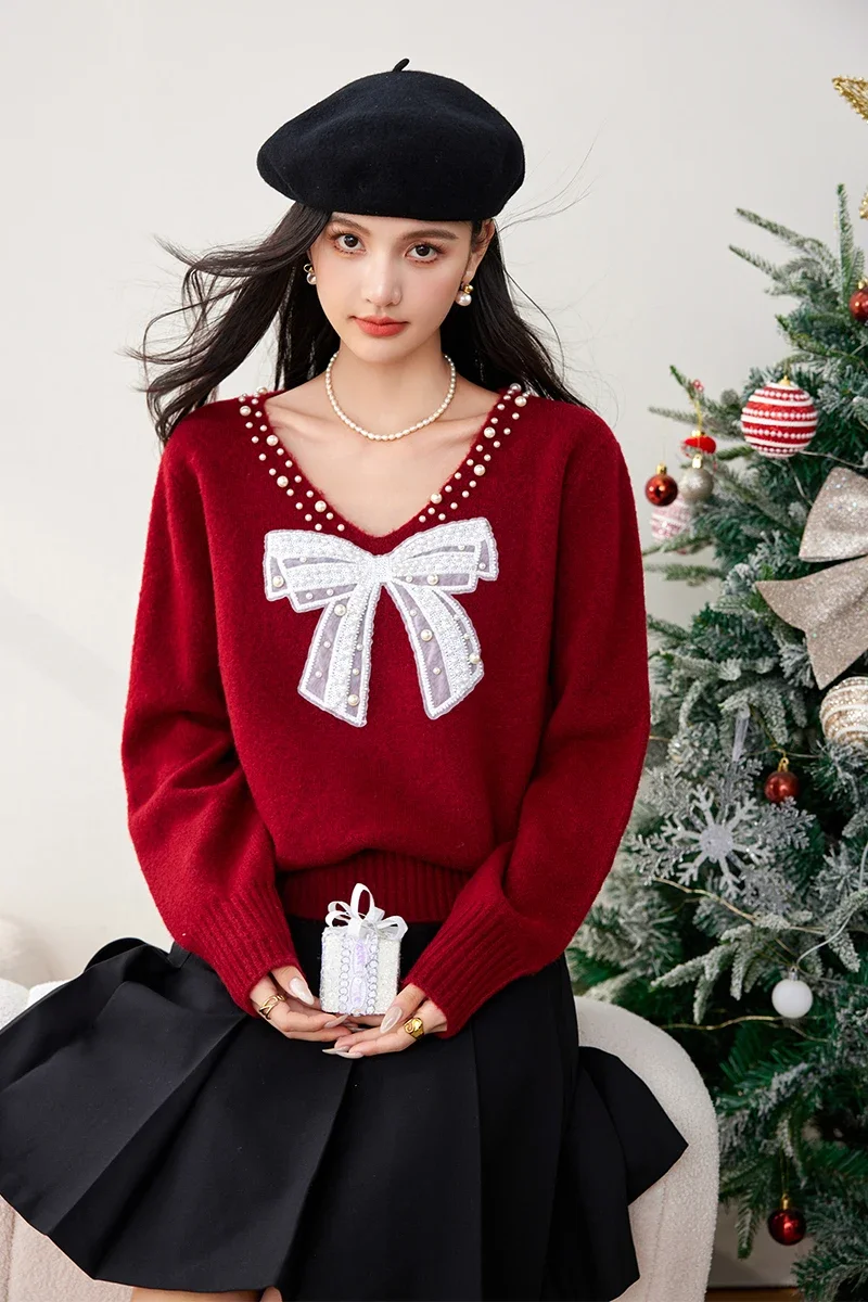 Sweet Peals Beading Bow Sweater Women's Autumn Winter V-neck Long Sleeve Knitted Tops Y2k Loose Pullovers Sweaters Jumpers Mujer