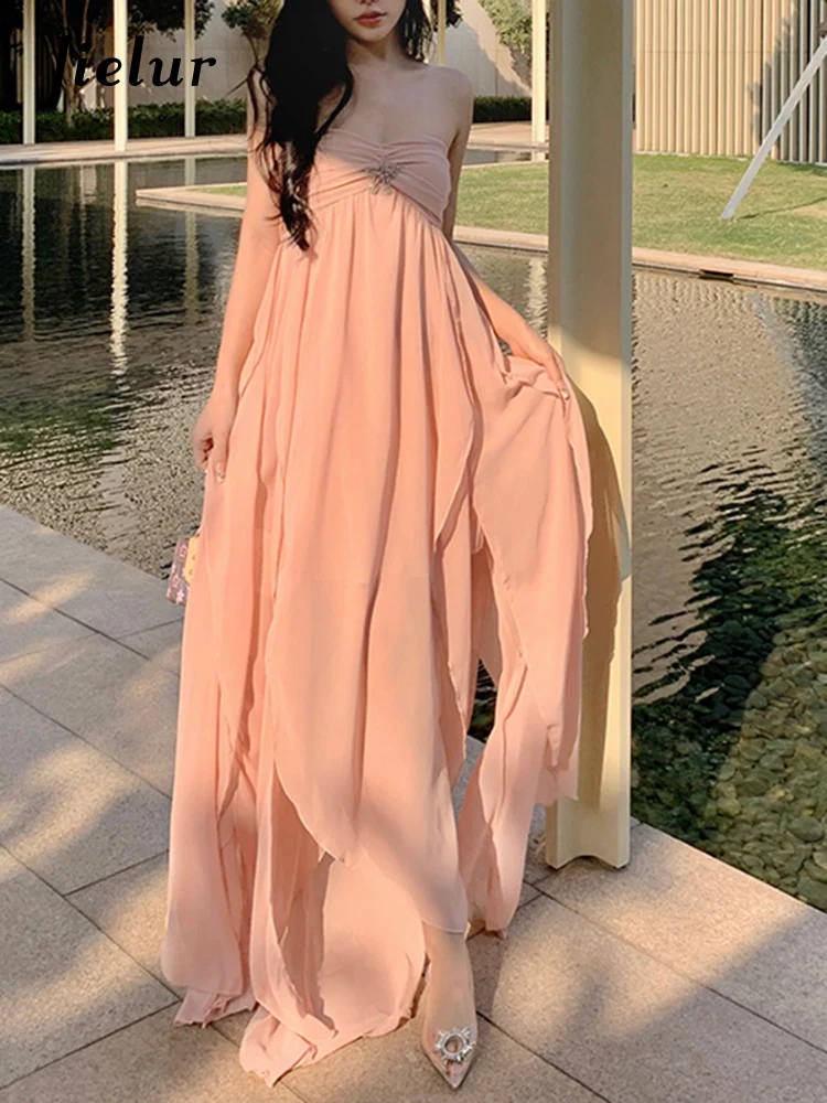 Jielur Strapless Long Dresses Celebrity Backless Irregular Pink Chiffon Dress Women Fashion Elegant Lady Dress Female Holiday