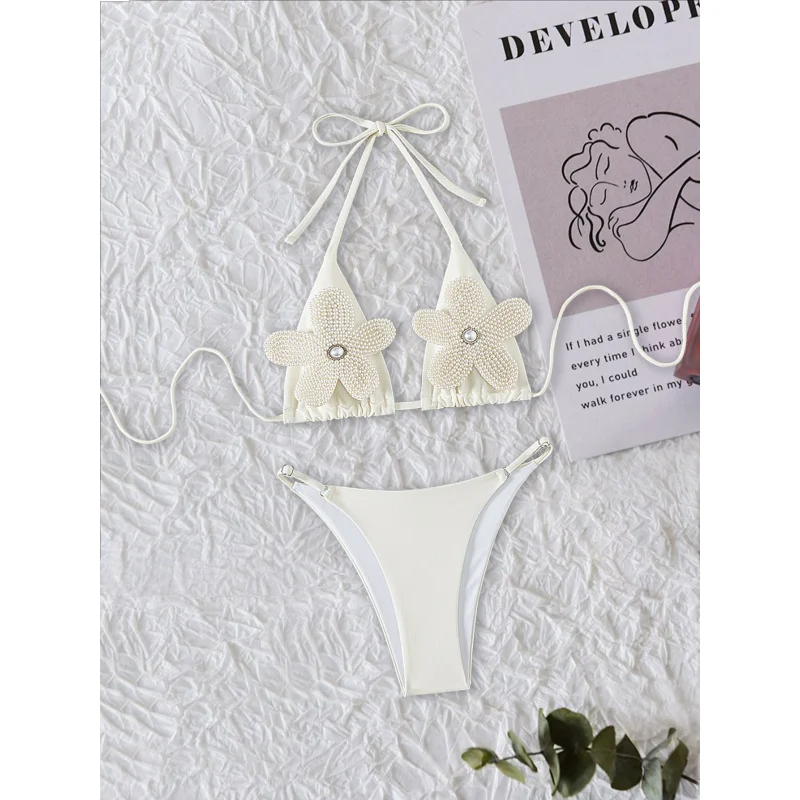 New Style Appliqué Backless Swimsuit Two-Piece Sexy Halter Tie Bikini Hot Sale Women's Swimwear High-End