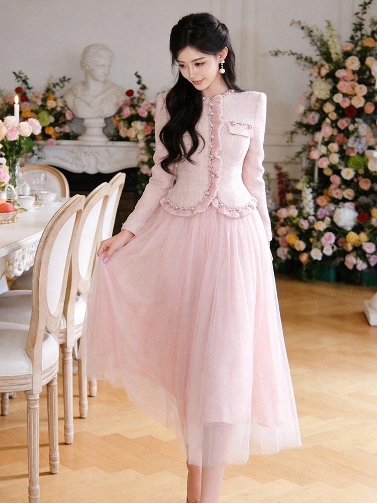 Damen Klassisches Retro-Kleid in Rosa, Süßes 2-Teiliges Perlen-Midikleid mit A-Linie, Elegantes Damenkleid für Mode, Party, Abschlussball, Frühling