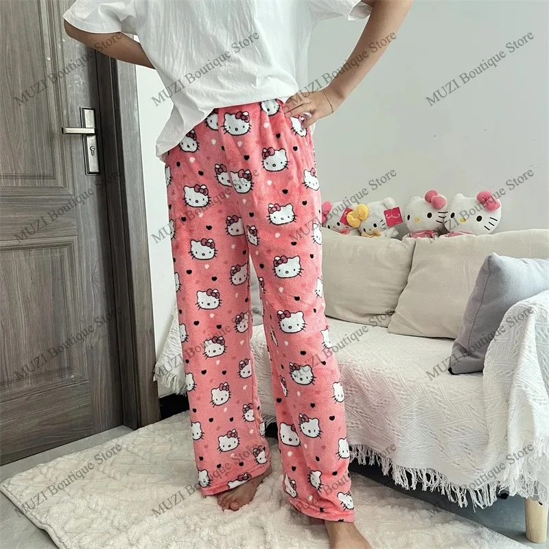 Sanrio Hello Kitty Cotton Pants Cute Cartoon KT Cat Plush Warm Soft Fashion Elastic At Home Casual Pants Women Holiday Gifts