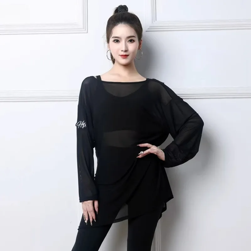 

Платье для латинских танцев по индивидуальному заказу, тренировочный топ, женский новый свободный длинный стильный костюм с длинными рукавами для взрослых, прикрывающий тренировочный костюм