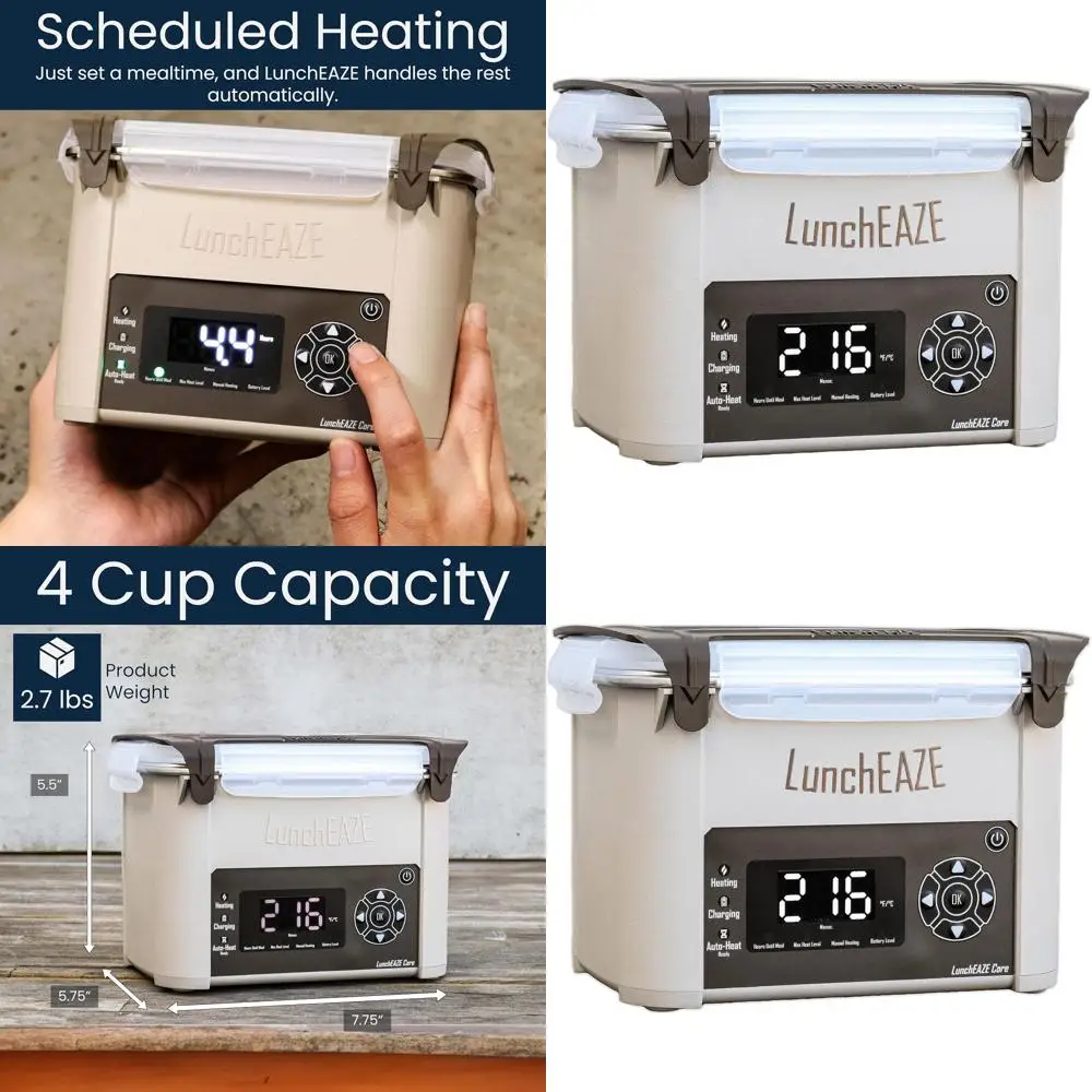 

Portable Electric Lunch Box with 4-Cup Capacity, Cordless Heating, and Automatic Temperature Control for On-the-Go Meals