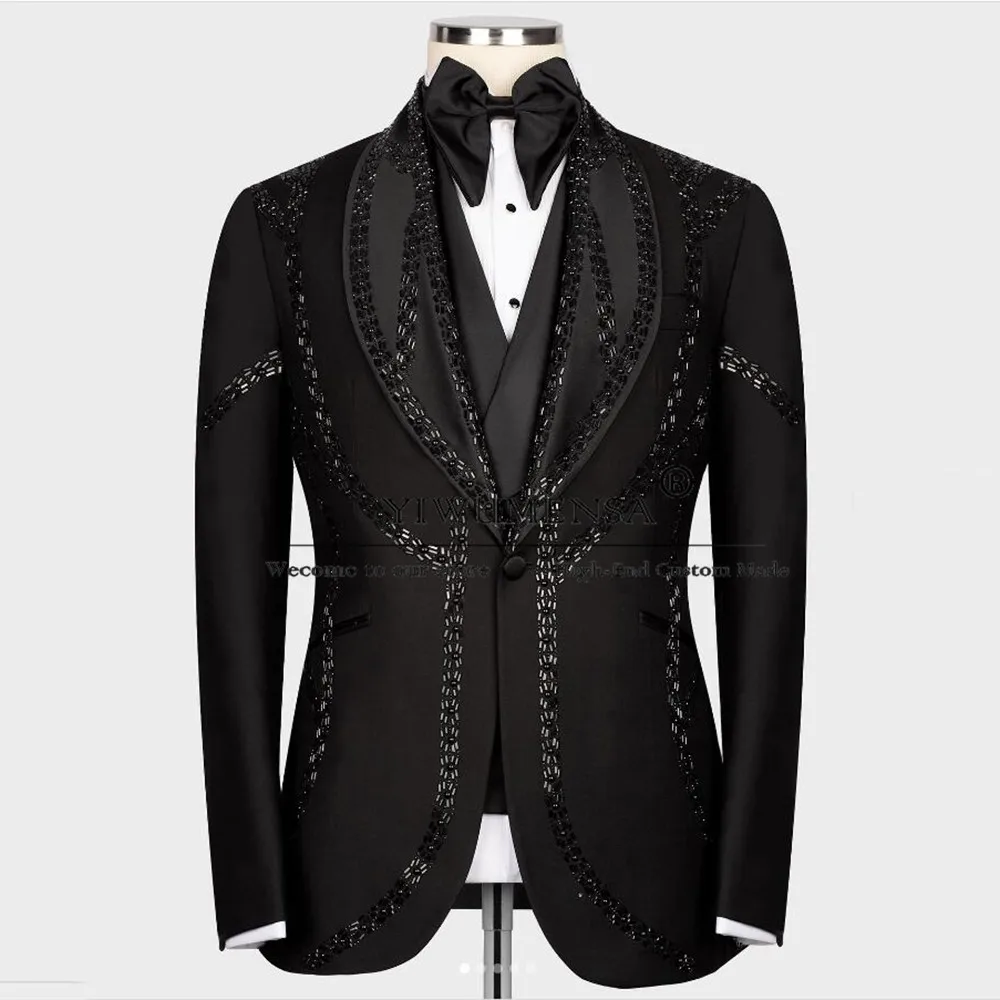 

Black Groom Wedding Suits Handmade Crystals Beads Gemstones Prom Blazer Formal Party Male Fashion Banquet Men's Tuxedos Tailored