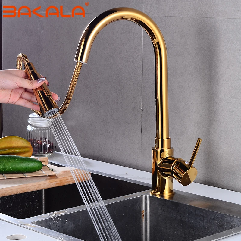 BAKALA Gold Polish Swivel Spout Kitchen Sink Faucet Pull Down Sprayer Fashion Design Bathroom Kitchen Hot&Cold Water Mixer Tap