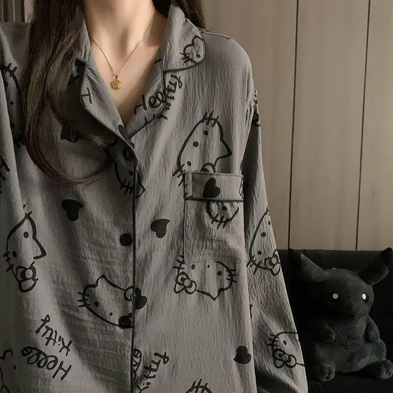 

Комплект пижамы Sanrio Hello Kitty из двух предметов: хлопковая женская домашняя одежда для улицы, легкая роскошная, с принтом, весна-осень, с длинными рукавами и брюками