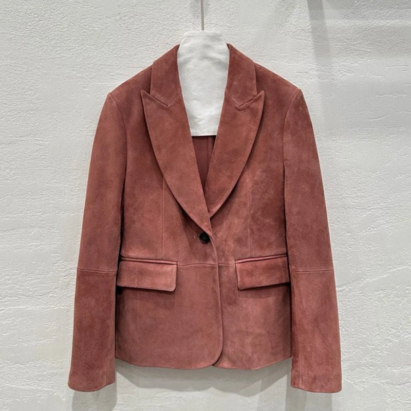 100% chaquetas de traje de solapa de piel de cordero de gamuza auténtica para mujer 2025 nueva moda de un solo botón de gamuza rosa para chico chaqueta informal para mujer abrigos