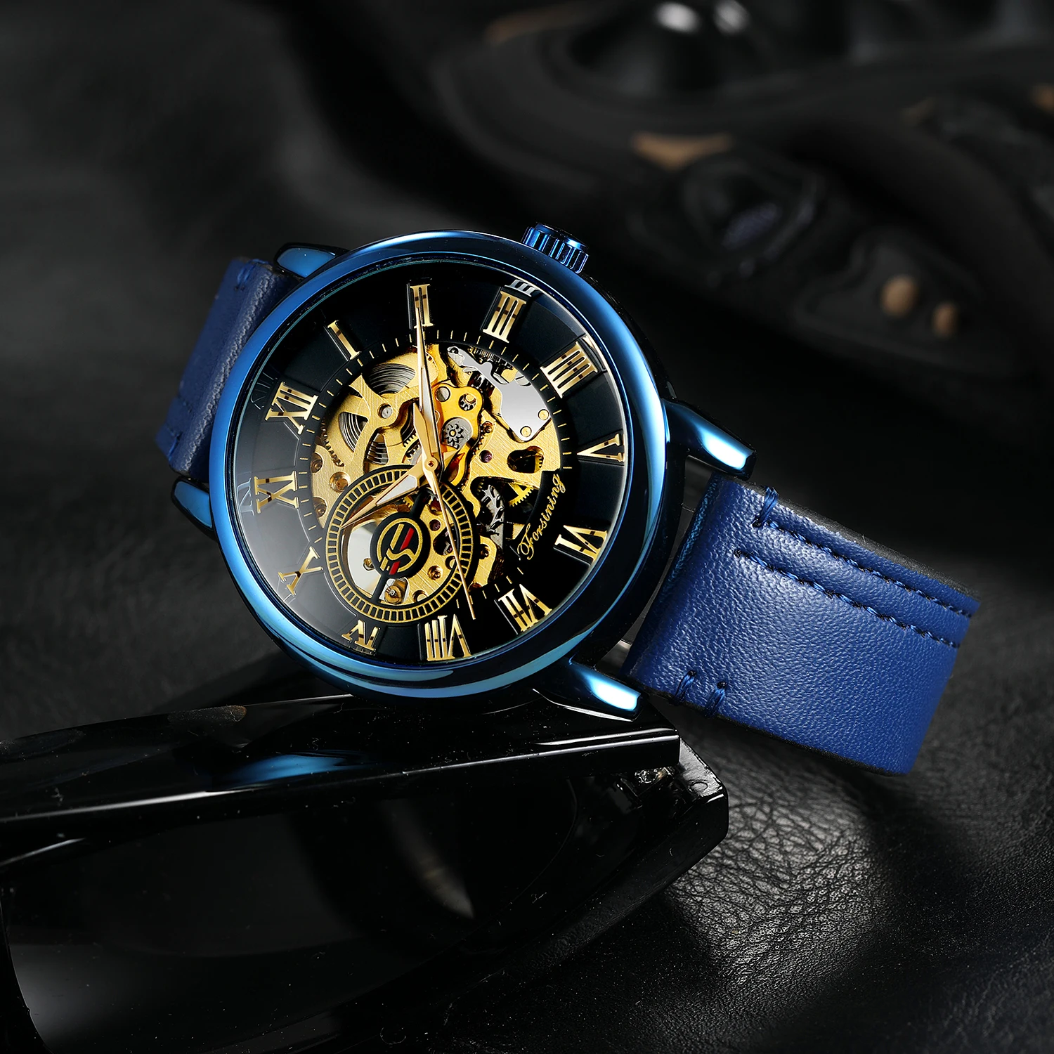 Forsining Transparent Luxury Skeleton Mechanical Watches Casual Leather Strap Blue Watch for Men Luminous Hands reloj hombre